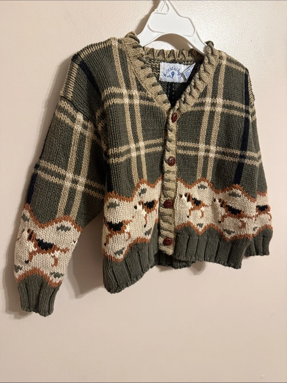 Vintage Kitestrings Plaid Cardigan Sweater Knit with Dog Print Beagle 4T Novelty